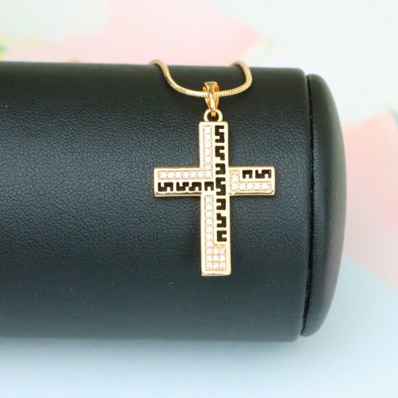 "Rose Gold Cross Pendant with Greek Key Design and Sparkling Stones, XPPT1610 - Picture 5 of 13